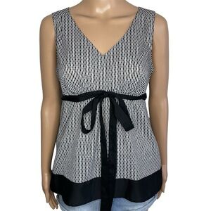 LOFT Black & White V-Neck Patterned Sleeveless Babydoll Tank Top w/ Bow